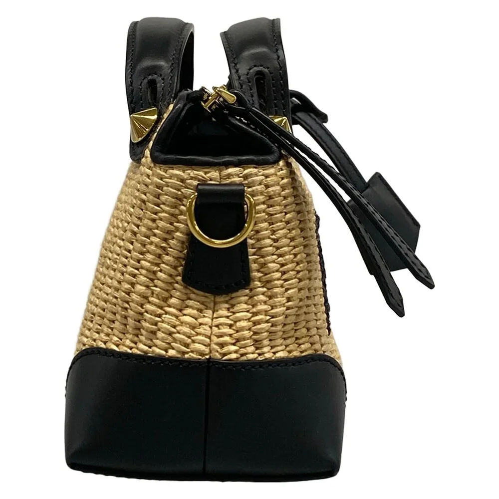 Fendi Mini By The Way Handbag 8BL145 Beige Black Straw Leather